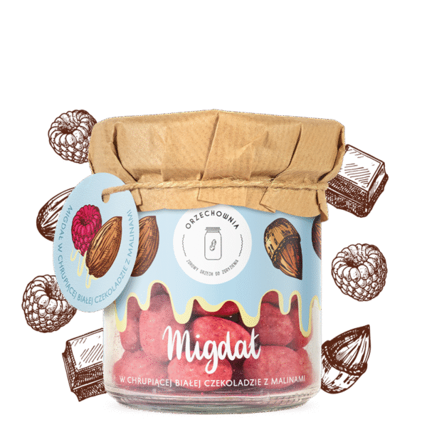 Migdał w chrupiącej białej czekoladzie z malinami 150g