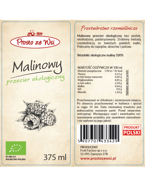 Przecier malinowy niesłodzony EKO 375 ml - obrazek 2
