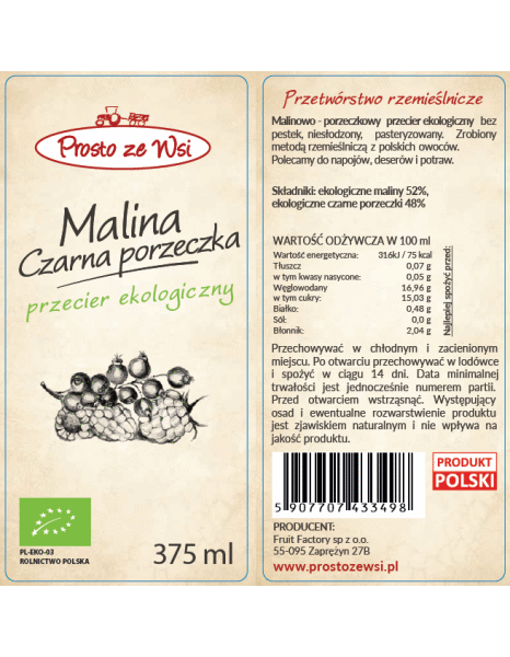 Przecier malina- czarna porzeczka niesłodzony EKO 375 ml - obrazek 3